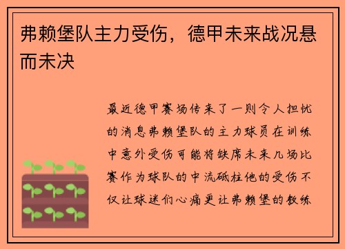 弗赖堡队主力受伤，德甲未来战况悬而未决